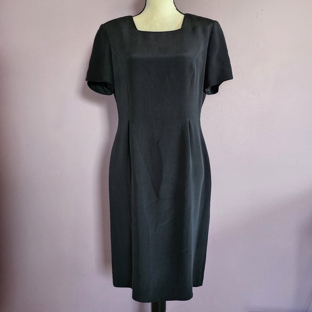 Talbots Vintage 100% Silk Black Tulip Sleeve Square Neck Pleated Midi Dress